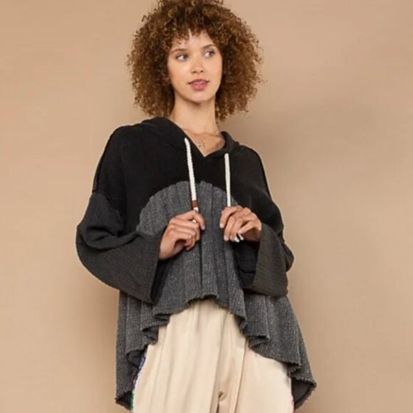 Waffle Knit Bell Sleeve Contrast Crop Hoodie Top by POL - Picture 1 of 5